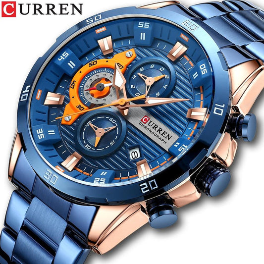 CURREN New Chronograph Men Watches for Sport Casual Stainless Steel Luminous Wristwatches for Male Creative Design Quartz Clock - Marcopolo Serrasul