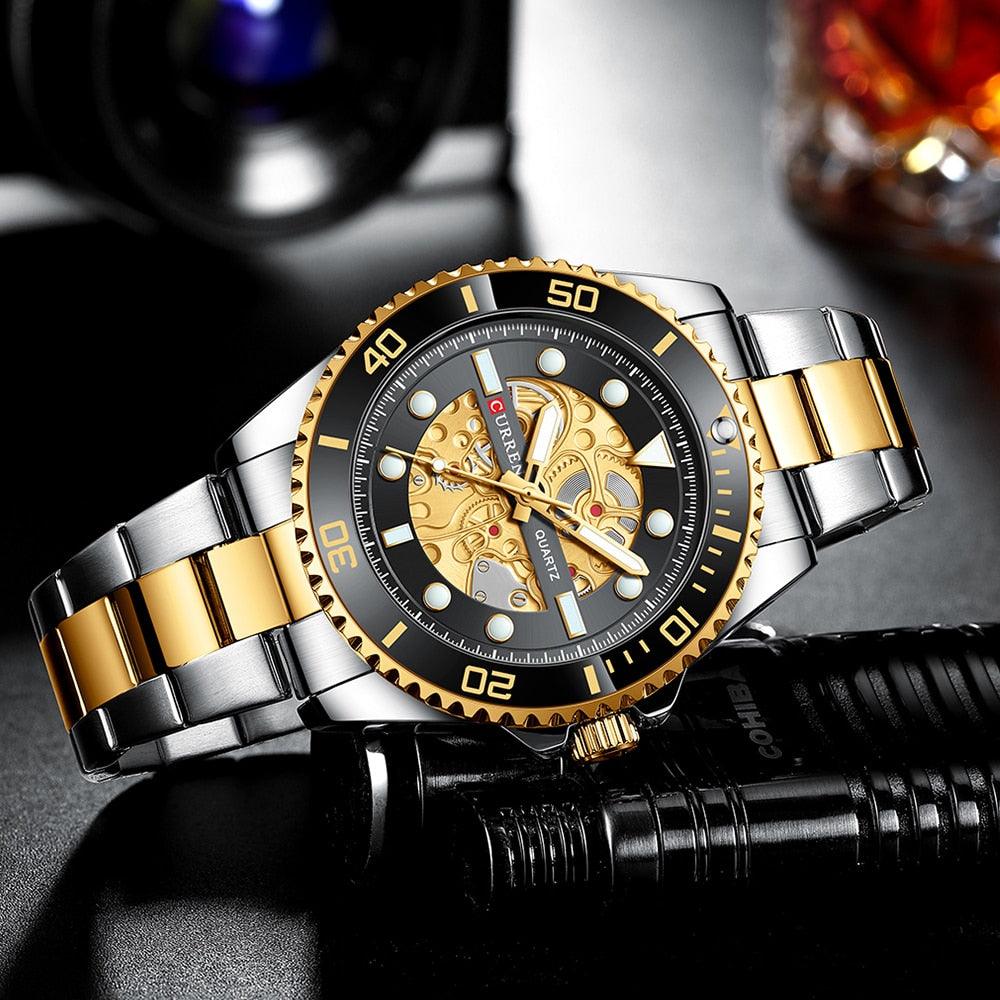 CURREN Watches Imitated Mechanical Design Quartz Clock Men Stainless Steel Band Luminous Wristwatches for Male - Marcopolo Serrasul
